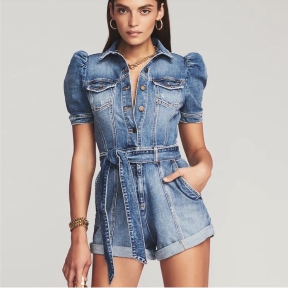 Retrofete Phoebe Romper Puff Sleeve Distressed Denim Streetwear Normcore Boho - Picture 8 of 8